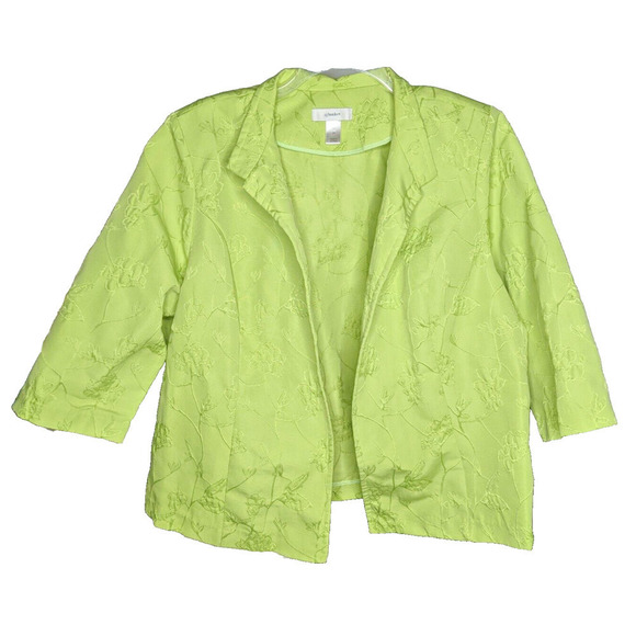 CJ Banks Blazer Jacket 2X Lime Green Embroidered Floral Open Front - Picture 1 of 8